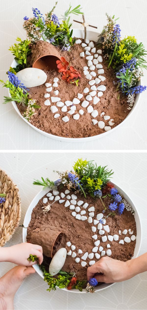 two pictures of someone making a garden in a bowl with rocks and plants on it