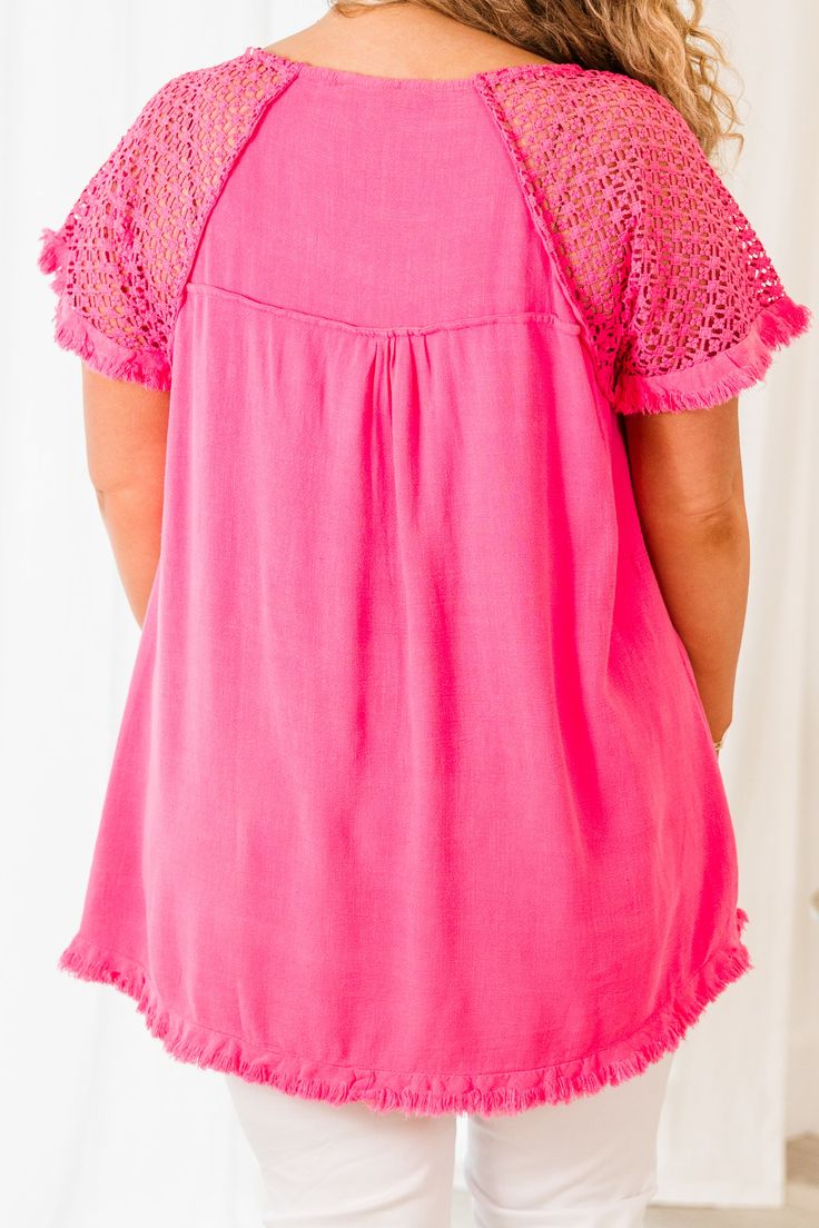 Because we know that you will love this top as much as we do! This top, in bold hot pink, features a unique frayed hemline and delicate crochet detailing! Elevate your style with this eye-catching piece and stand out from the crowd! Perfect for adding a pop of color to your wardrobe! 55% Linen, 45% Cotton Pink V-neck Crochet Top For Spring, Spring Beach Tops With Frayed Hem, Short Sleeve Crochet Top With Lace Trim For Vacation, Vacation Crochet Top With Lace Trim And Short Sleeves, Beach Tops With Frayed Hem, Pink Lace Top With Ruffles For Spring, Pink Bohemian Lace Top, Beach Tops With Frayed Hem And Short Sleeves, Short Sleeve Beach Tops With Frayed Hem