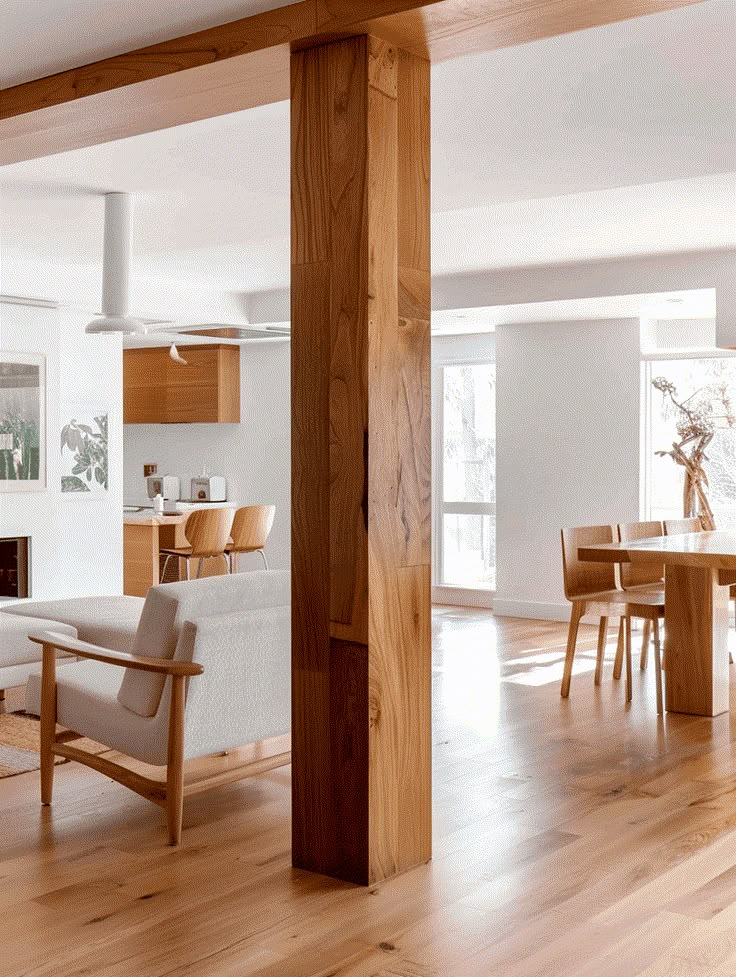 an open living room and dining area with wood floors, white walls and wooden beams