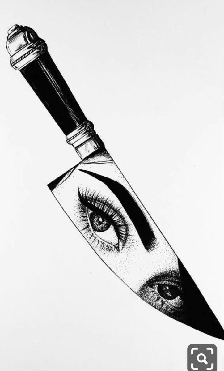 a drawing of a knife with an eye on it's blade and the tip of its blade sticking out