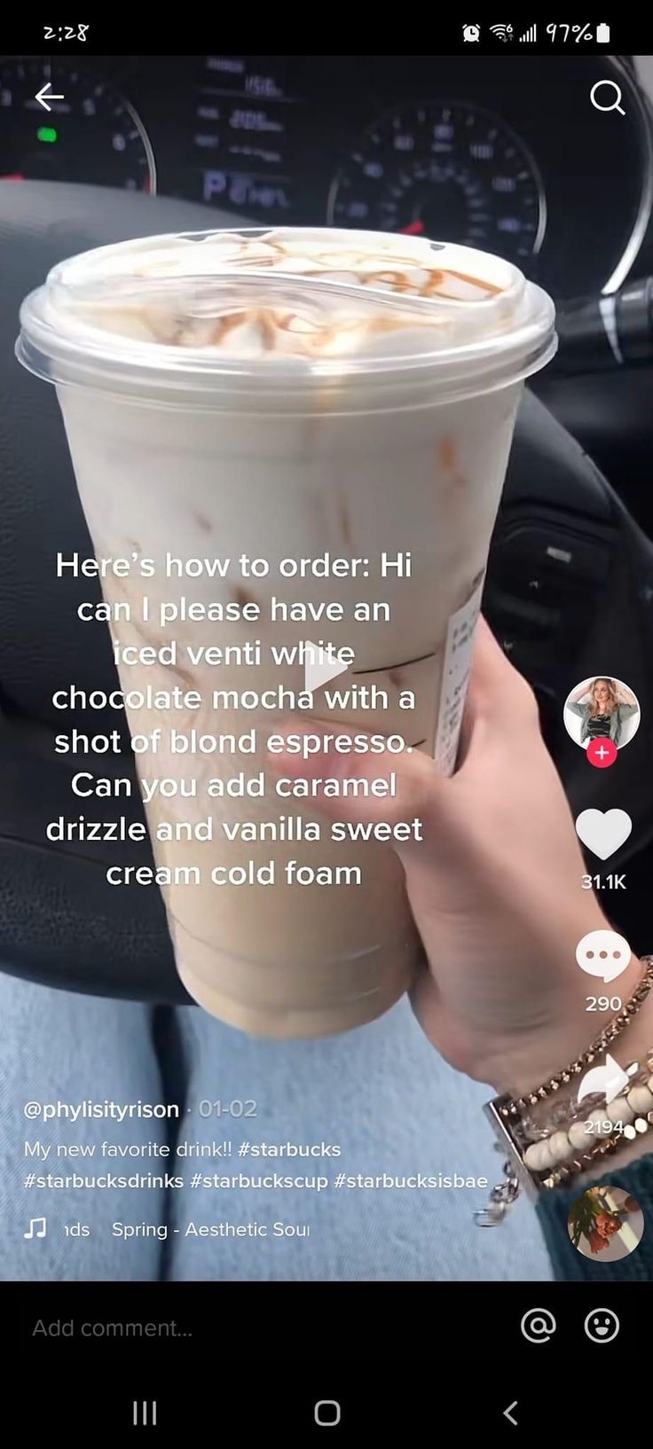 someone holding up a cup of coffee in their hand with the caption'here's how to order hi can i please have an iced white chocolate mocha with a shot