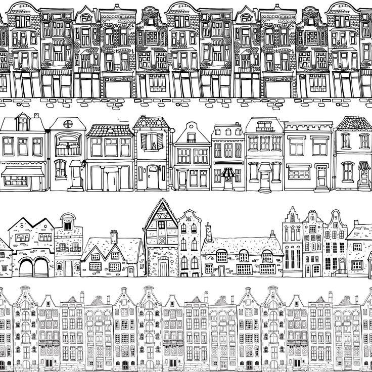 a line drawing of houses and buildings in black and white, with the outlines of each