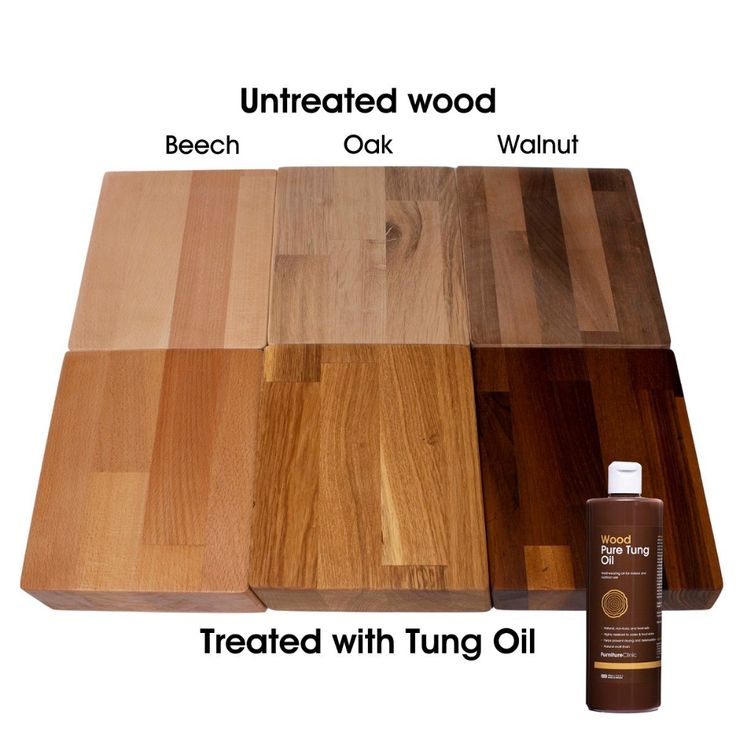 a wooden cutting board next to a bottle of wood oil on a white background with the words untreated wood below it