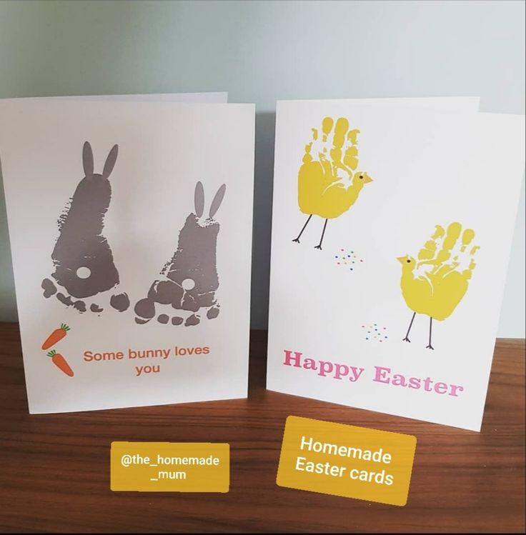 two greeting cards with handprinted images of rabbits and chickens, one says happy easter