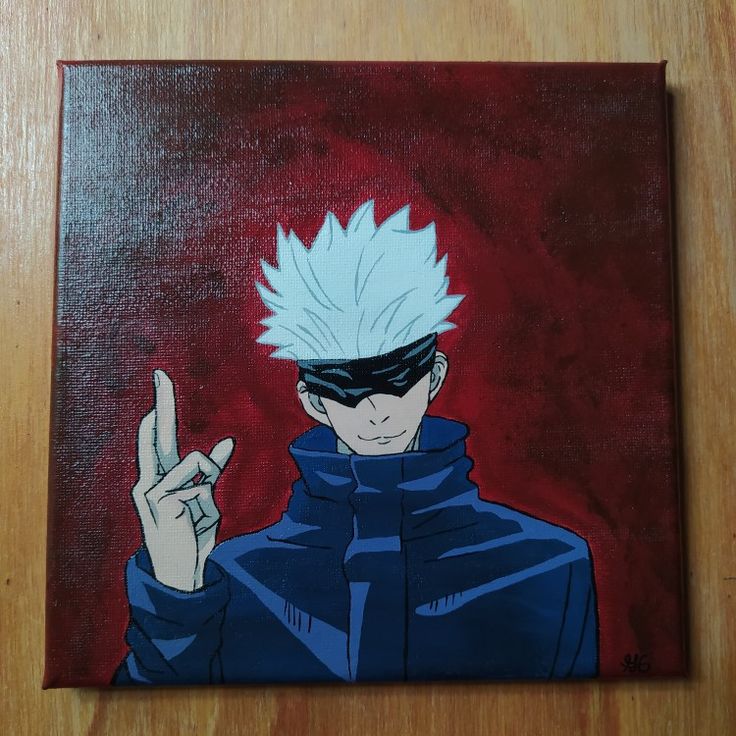 a painting of a man with white hair and blue eyes holding up the peace sign