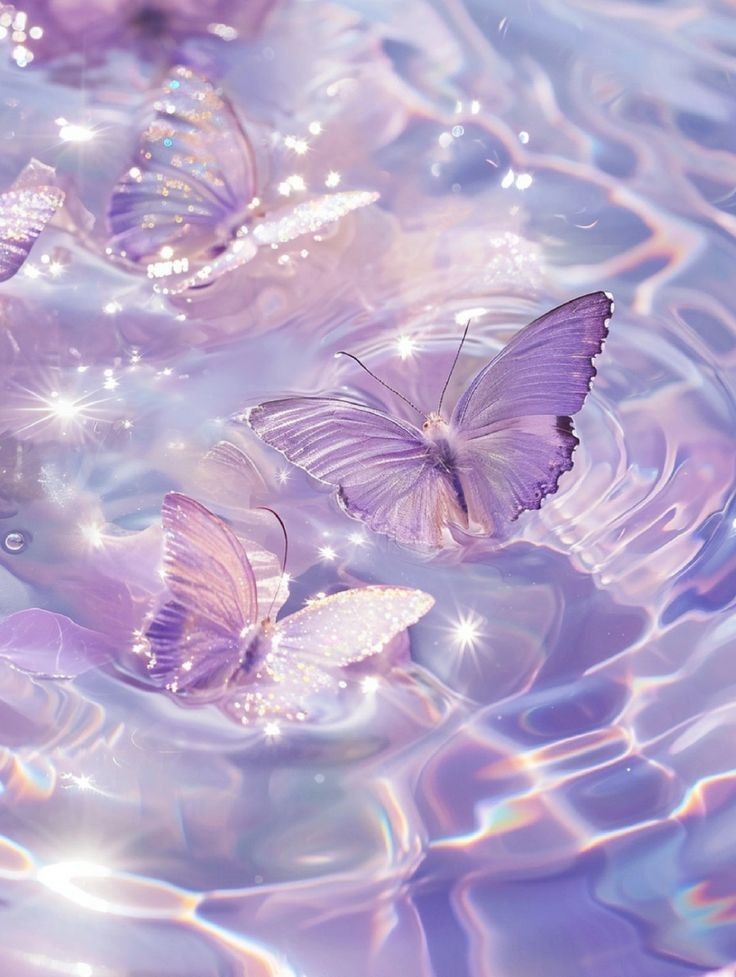 three purple butterflies floating in water with bubbles on the bottom and one flying above them