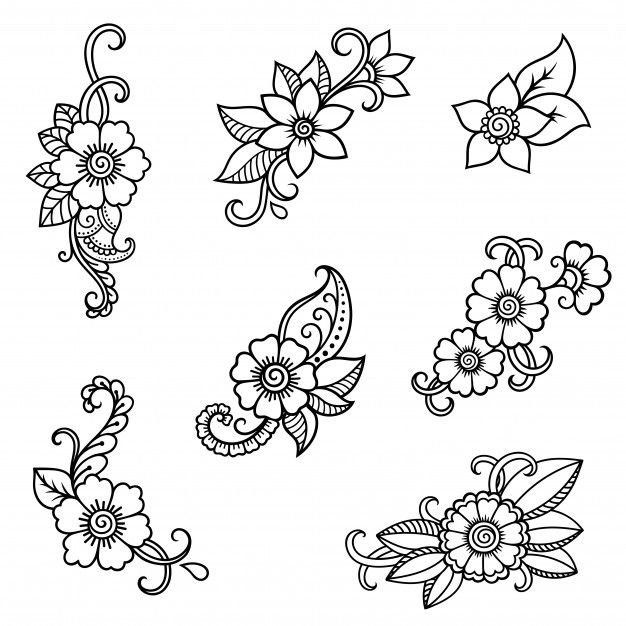 a set of floral design elements in black and white on a white background for coloring