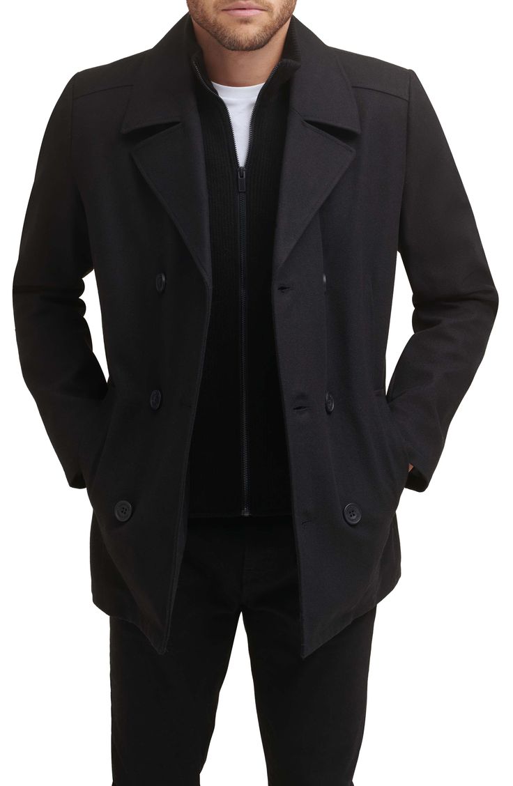 Add this classic wool peacoat to your wardrobe for an elevated style. Notched collar Long sleeves Button front Dual pockets 58% wool, 35% polyester, 4% acrylic, 3% other fibers Dry clean Imported Model stats: 6'1" height, 32" waist. Model is wearing size M. Formal Double Button Pea Coat For Fall, Classic Double-breasted Peacoat With Pockets, Business Casual Peacoat With Buttons, Fall Business Pea Coat, Winter Business Casual Pea Coat With Double Button, Business Casual Pea Coat With Double Button, Winter Business Casual Peacoat With Buttons, Business Casual Long Pea Coat With Double Button Closure, Winter Long Sleeve Pea Coat For Business Casual