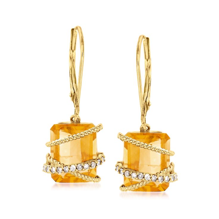 Ross-Simons - 6.25ct t. w. Citrine, .12ct t. w. Diamond Drop Earrings in 14kt Yellow Gold. Serve a sophisticated look, sunny side up with these drop earrings! Featuring 6.25 ct. t. w. emerald-cut citrines wrapped with .12 ct. t. w. diamonds and roped 14kt yellow gold. Hanging length is 1". Leverback, diamond and citrine drop earrings. Citrine birthstones are the perfect gift for November birthdays. Elegant Yellow Diamond Earrings With Accents, Elegant Yellow Diamond Earrings With Diamond Accents, Elegant Yellow Diamond Cut Earrings, Elegant Yellow Diamond-cut Earrings, Elegant Yellow Diamond Earrings For Formal Occasions, Elegant Yellow Earrings With Diamond Accents, Elegant Yellow Earrings With Polished Finish, Elegant Yellow Gold Baguette Cut Earrings, Yellow Gold Gemstone Baguette Cut Earrings