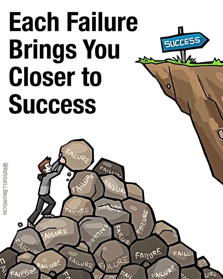 a man climbing up the side of a mountain to reach a sign that says, each failure brings you closer to success