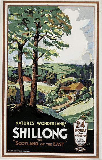 an old poster with trees and houses in the background, says'nature wonderland / shillong scotland of the east '