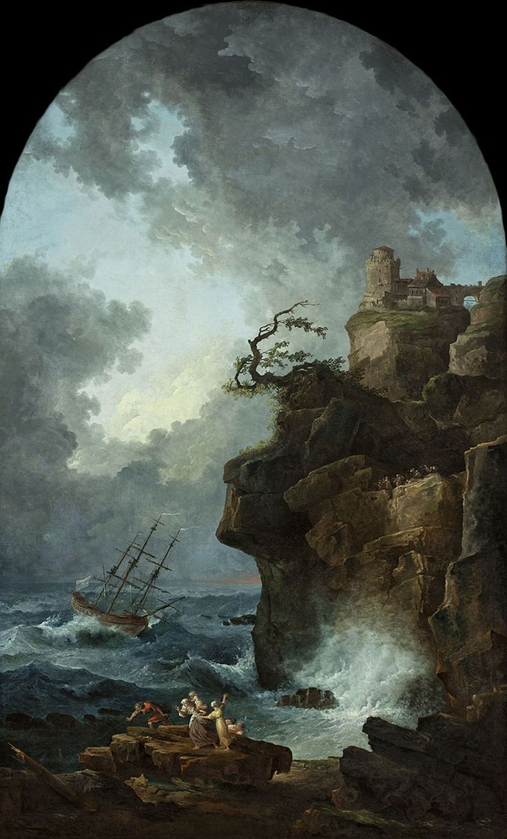 a painting of a boat in the ocean near a rocky cliff with people on it