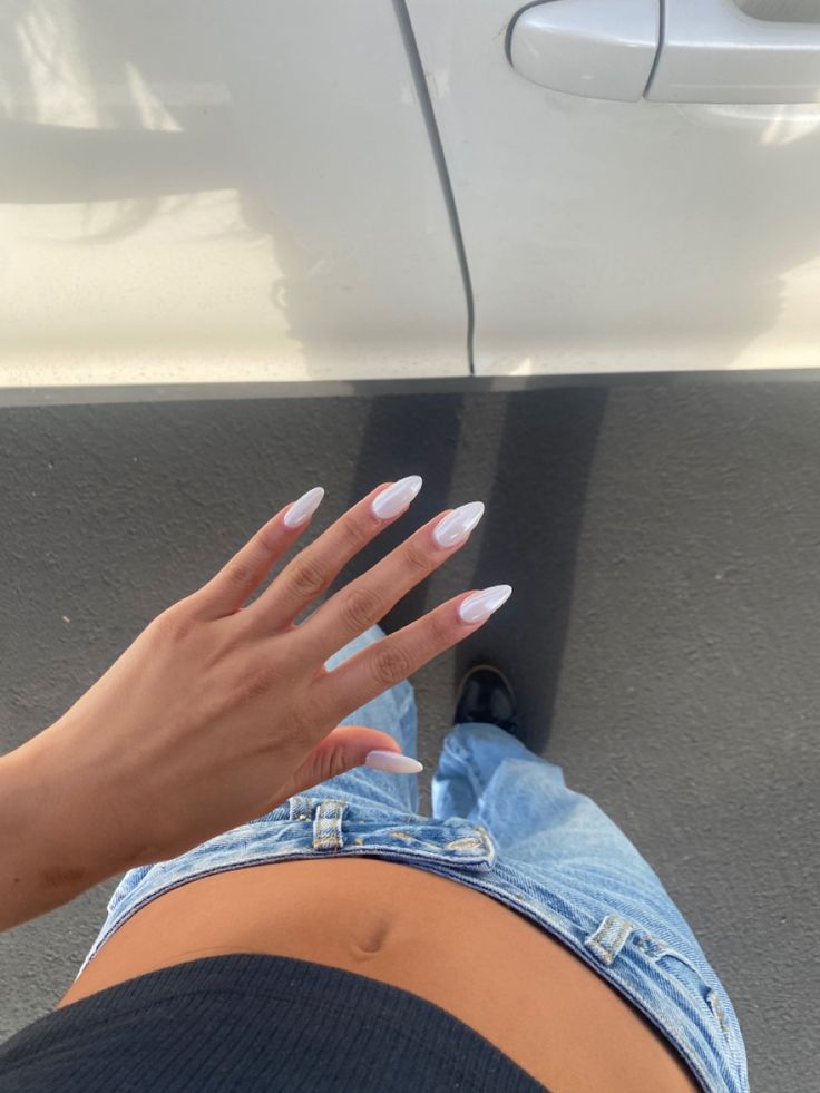 white nails, chrome nails, acrylics, donut glaze nails, candy glaze nails, nail inspo, long nails Chrome Donut Nails, Milky Chrome Almond Nails, Chrome Nails Designs White, White Donut Glaze Nails, Glaze Acrylic Nails, Long White Chrome Nails, Catherine Mcbroom Nails, Glazed Nails White, Almond Acrylic Nails Milky White