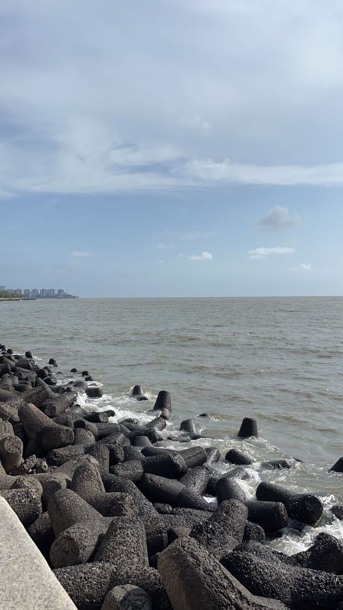 there are rocks on the edge of the water