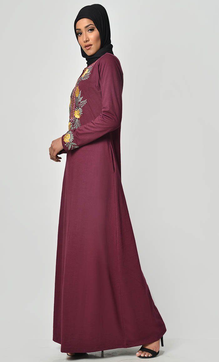 A perfect wardrobe piece for minimalistic style Round neck A stylish abaya with embroidered front and sleeves Includes both side pockets Full Sleeves FABRIC: Cotton Jersey CARE: Machine wash cold Long Sleeve Abaya With Modesty Panel For Fall, Casual Fall Abaya, Fall Long Sleeve Abaya With Modesty Panel, Eid Floral Embroidered Tunic Abaya, Modest Long Abaya For Fall, Casual Long Sleeve Abaya For Eid, Modest Floral Embroidered Abaya For Eid, Modest Long Sleeve Thobe For Spring, Long Sleeve Maxi Dress With Dabka Work For Eid