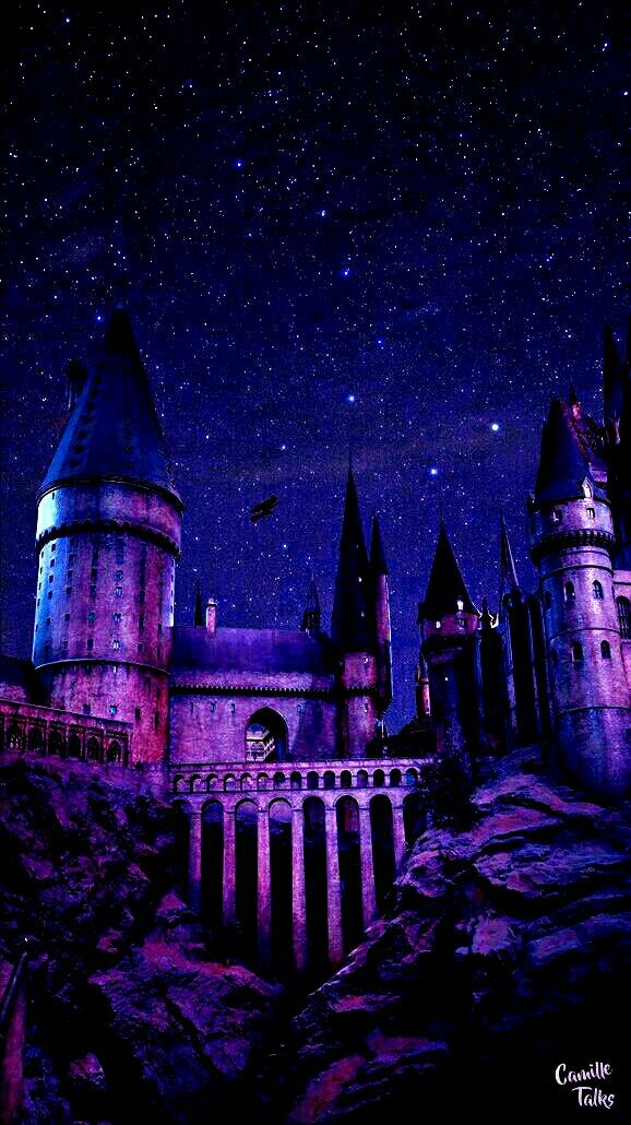 hogwart castle at night with stars in the sky