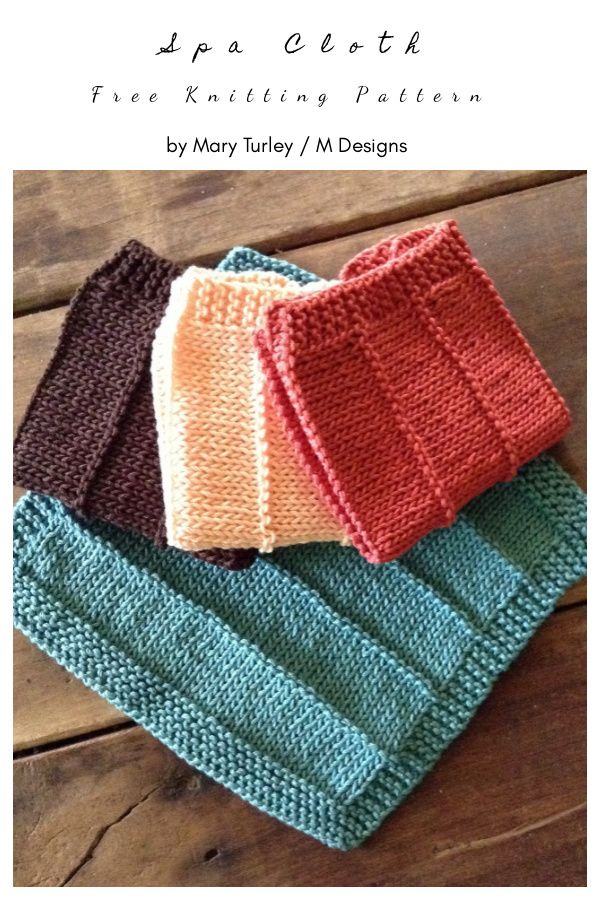 four knitted dishcloths sitting on top of a wooden table next to each other