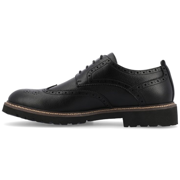 Introducing the Campbell wingtip derby by Vance Co. These professional-style shoes are crafted with premium vegan leather for a business-savvy look. Featuring a 12 mm Tru Comfort Foam™ insole and a lace-up design, they provide all-day comfort and a customizable fit. With a 1-1/4 inch block heel, round-toe shape, and padded tongue for extra comfort, the Campbell wingtip derby combines classic elegance with modern convenience, making it the perfect choice for the office or any professional setting Black Lace-up Shoes With Brogue Detailing For Work, Wingtip Derby Shoes With Rubber Sole For Work, Wingtip Derby With Rubber Sole For Work, Black Wingtip Lace-up Shoes For Work, Black Wingtip Derby Shoes For Office, Wingtip Oxford Shoes For Work, Oxford Leather Wingtip Shoes For Work, Business Casual Goodyear Welt Wingtip Dress Shoes, Black Brogue Dress Shoes For Work