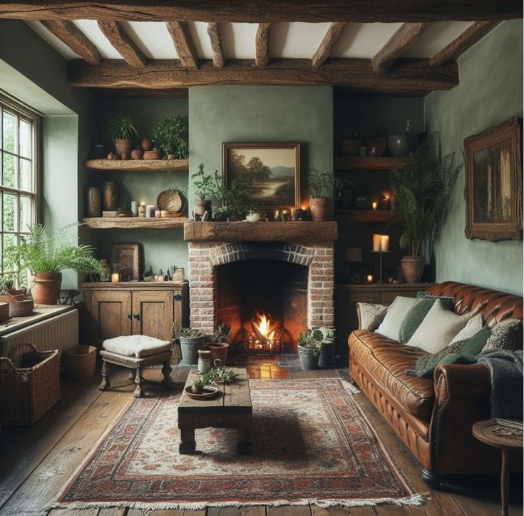 a living room filled with furniture and a fire place in the middle of a room