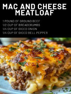 macaroni and cheese meatloaf on a plate with the title above it