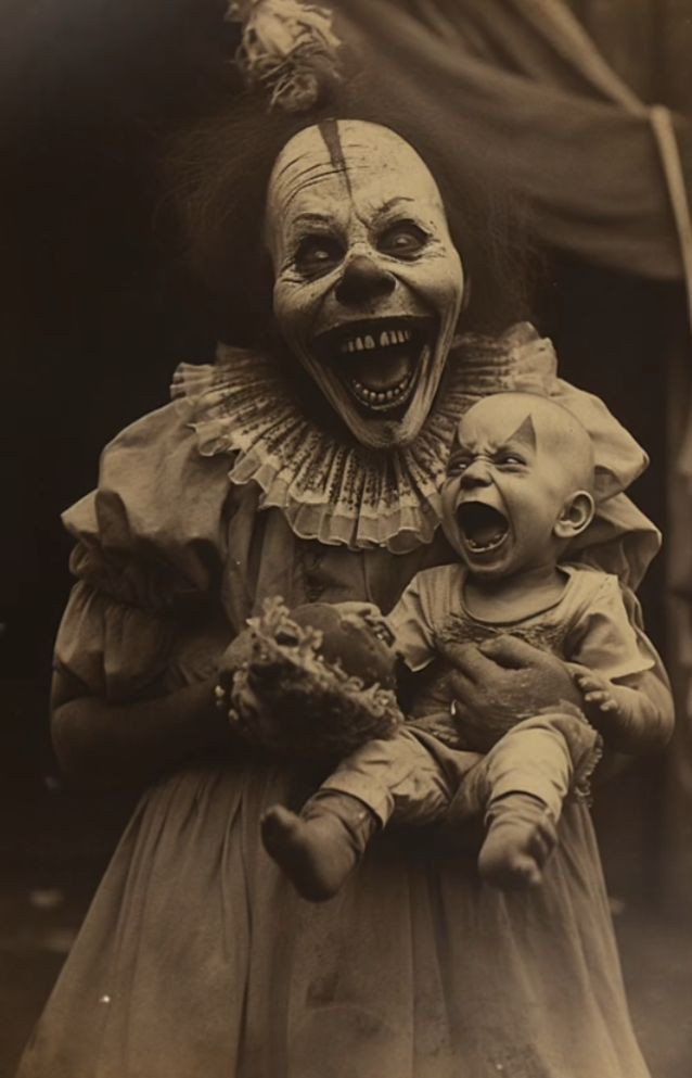 an old photo of a creepy clown holding a baby