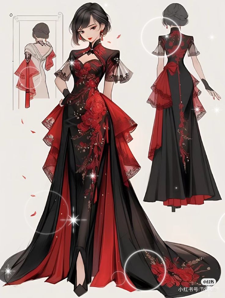 Black Dress With Red Accents, Red Chinese Dress, Cute Anime Outfits, Red And Black Dress, Red And Black Outfits, Digital Dress, Dreamy Gowns, Fashion Design Books, Red Black Dress