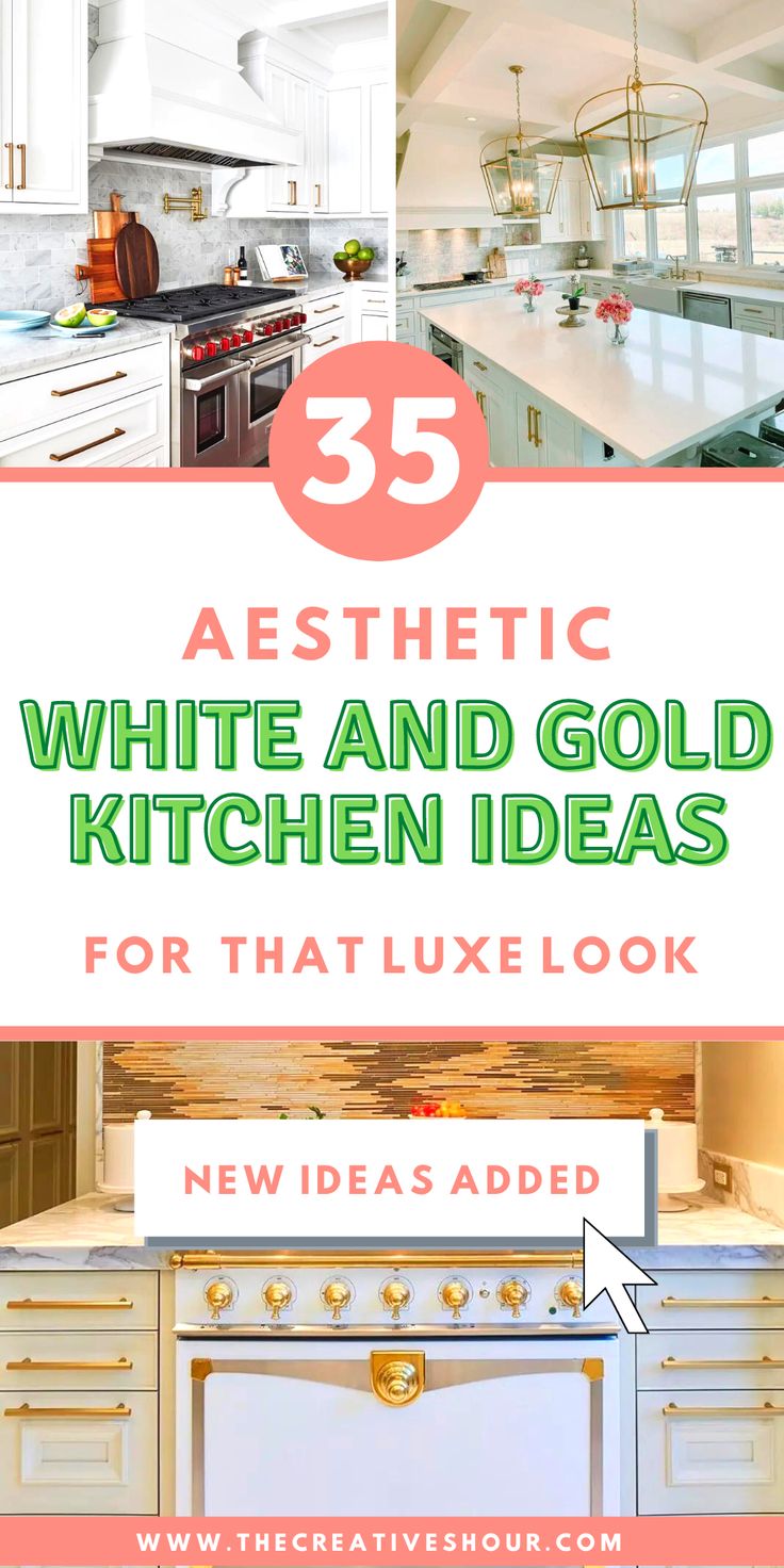 white and gold kitchen ideas with text overlay