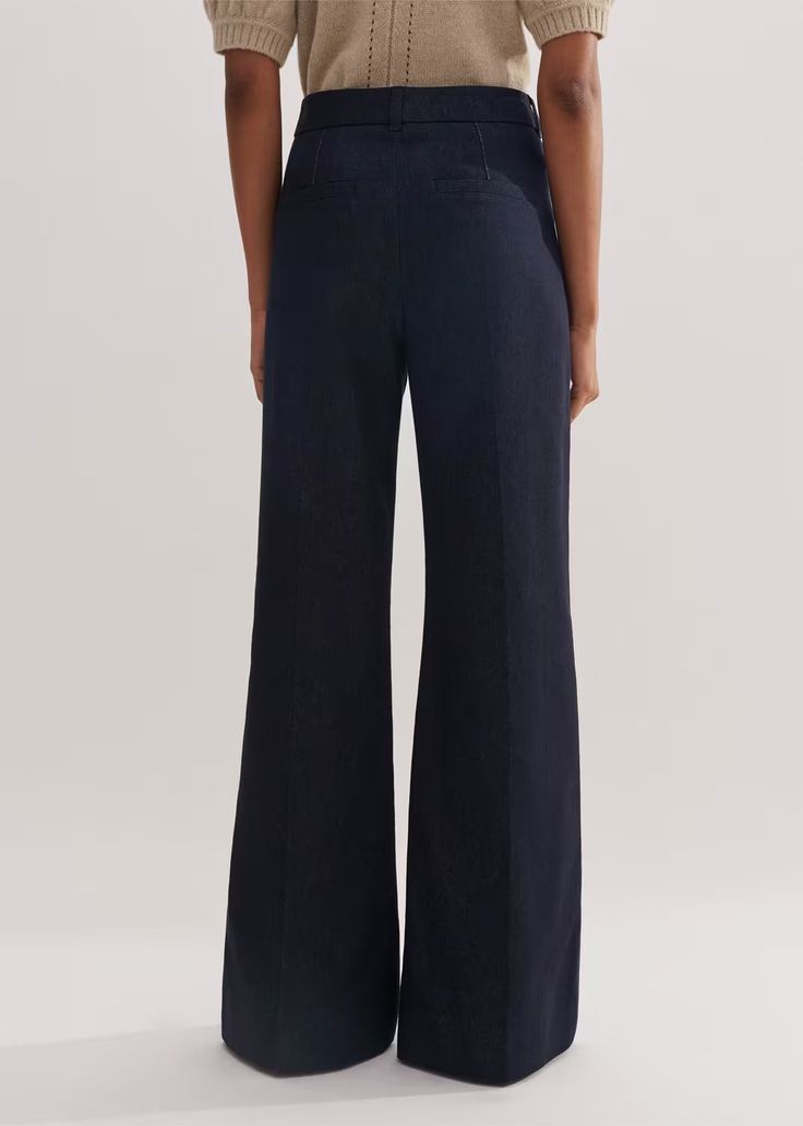 Cotton-Blend Denim Kick Flare Pant Indigo Modern Mid-rise Bottoms With Welt Pockets, Chic High Waist Jeans For Work, Chic High-waist Jeans For Work, Relaxed Fit Denim Blue Flare Jeans For Work, Elegant Relaxed Fit Jeans With Pockets, Elegant Denim Bottoms For Workwear, Elegant High Rise Jeans For Work, Relaxed Fit Wide Leg Jeans For Work, Modern Dark Wash Full-length Bottoms