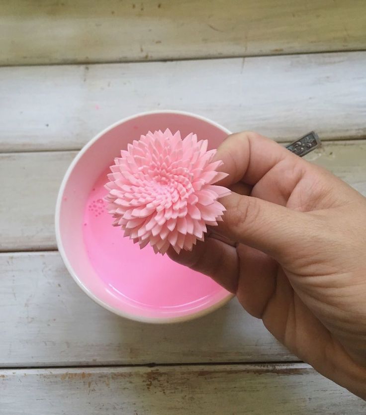 a person holding a pink flower in a bowl