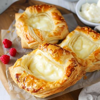 three puff pastry with cheese and raspberries on the side