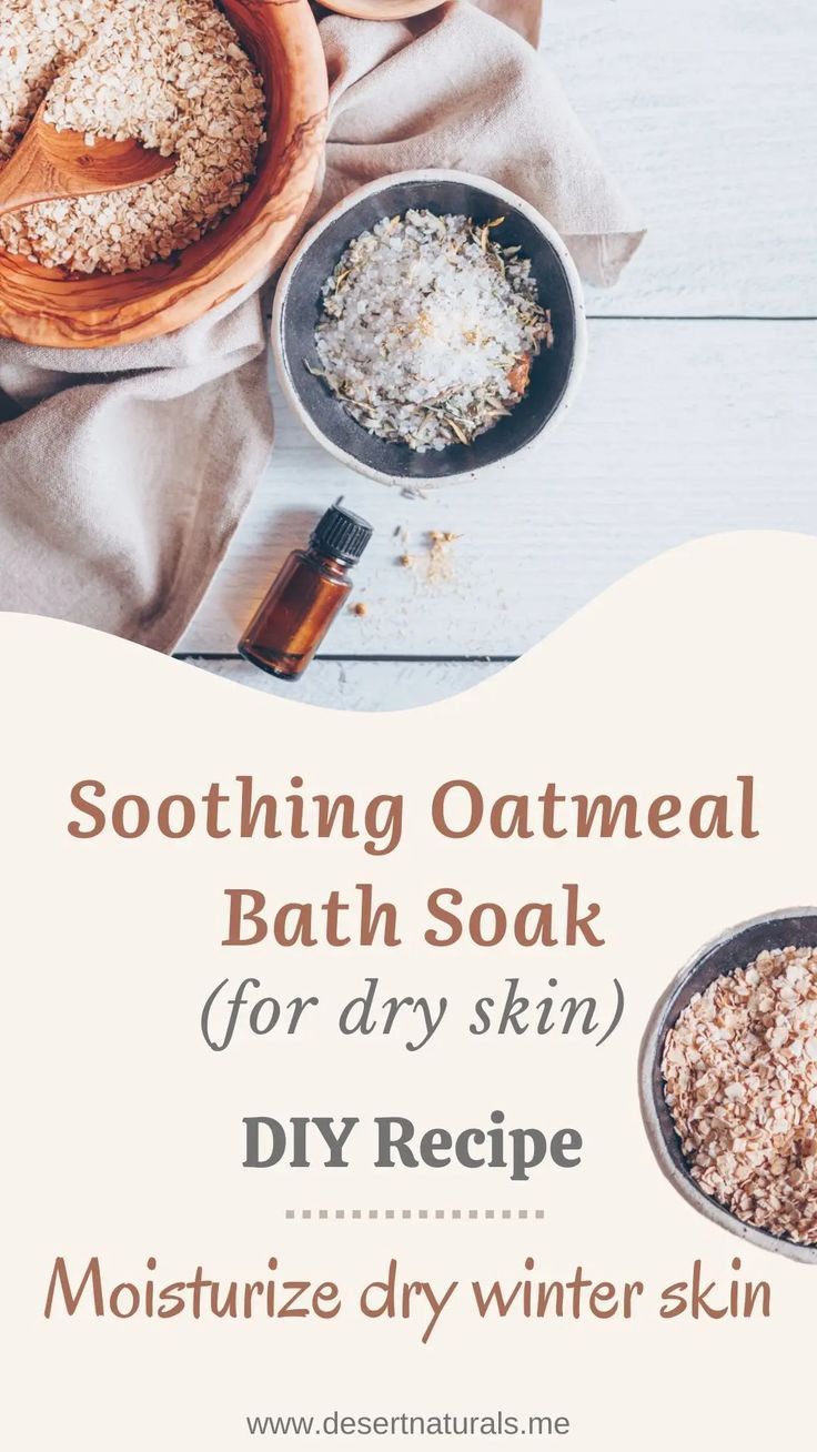 bowls of oatmeal and bath salts with essential oil to make a diy oatmeal bath soak Healing Bath Soak, Diy Magnesium Bath Soak, Essential Oil Epsom Salt Bath Recipes, Oat Milk Bath Recipe, Moisturizing Bath Soak Dry Skin, Dry Skin Bath Soak, Homemade Oatmeal Bath For Rash, How To Make Bath Salts With Epsom Salt, Diy Epsom Salt Soak