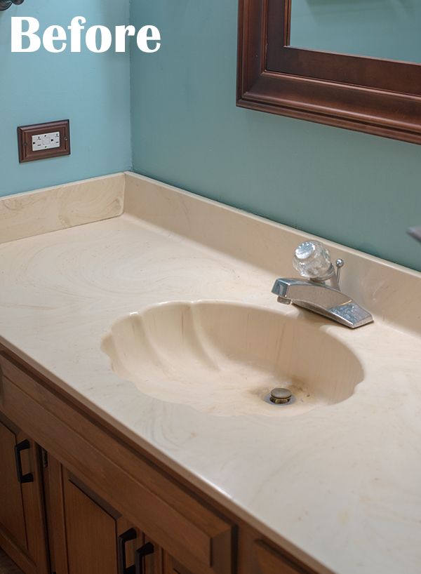 a bathroom sink under a mirror with the words before and after on it's side