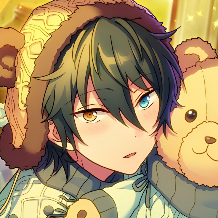 an anime character holding a teddy bear in front of a wall with stars and lights