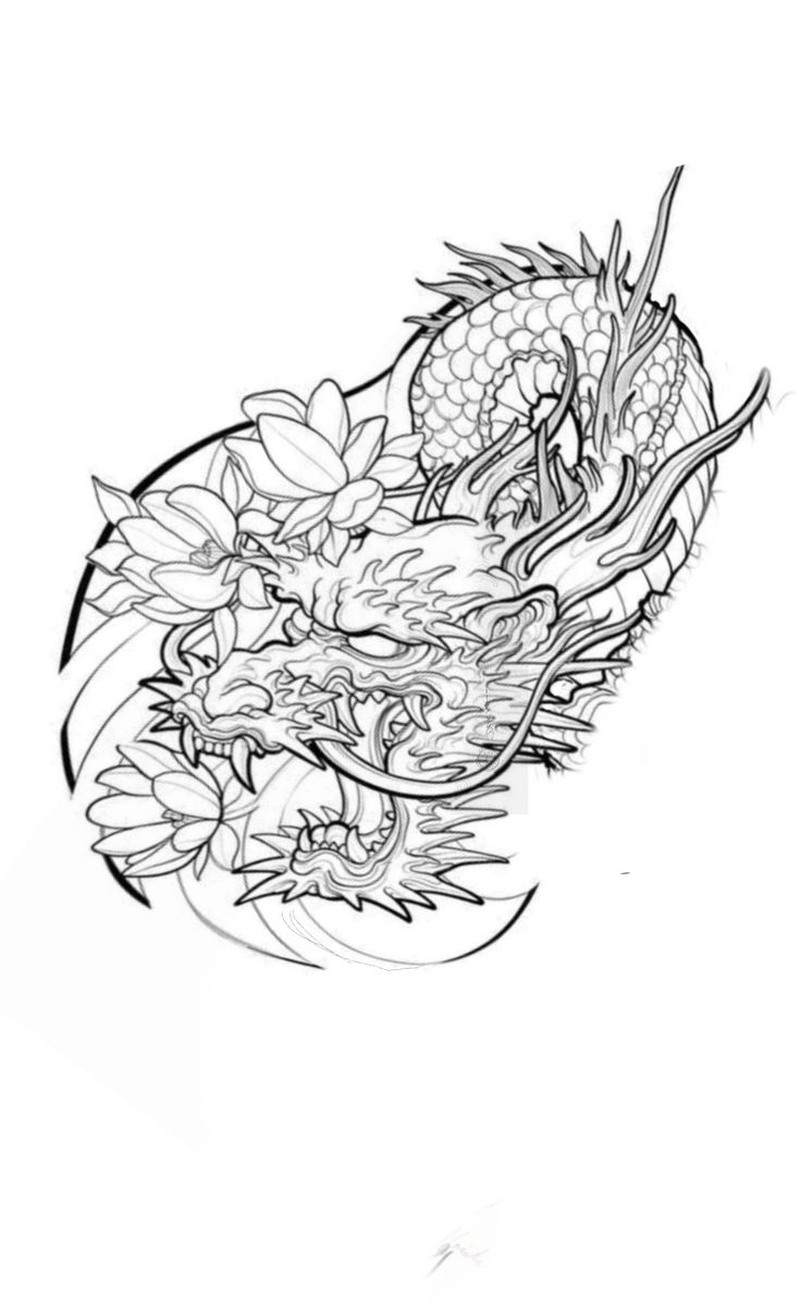 a drawing of a dragon with flowers on it's back and head in the center