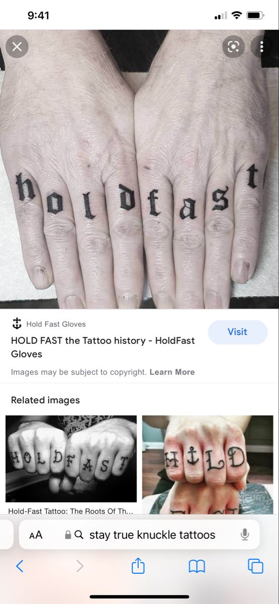 two people with tattoos on their hands and one has the word holdfast written on it