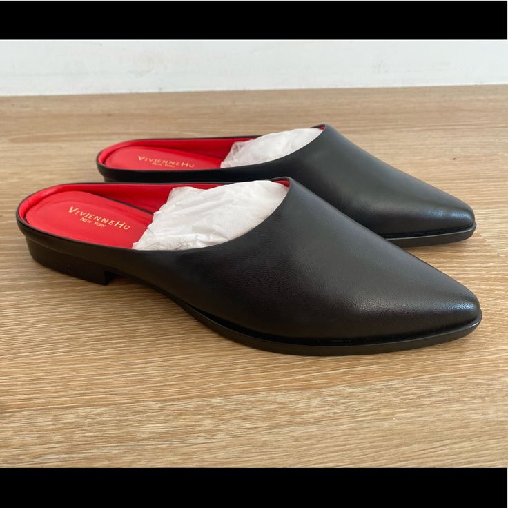 New With Box, Vivienne Hu Beautiful Shoes Elegant Mules With Red Sole And Pointed Toe, Elegant Pointed Toe Mules With Red Sole, Formal Mules With Red Sole And Pointed Toe, Formal Pointed Toe Mules With Red Sole, Elegant Black Mules With Contrasting Heel, Elegant Evening Mules With Rubber Sole, Black Leather Shoes With Flat Heel For Evening, Black Flat Heel Leather Shoes For Evening, Designer Formal Mules With Contrasting Heel