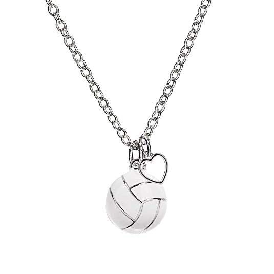 a silver necklace with a heart and two intertwined volleyball balls on the link chain