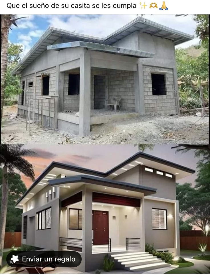 two pictures showing different types of houses in the same area, one is made out of concrete