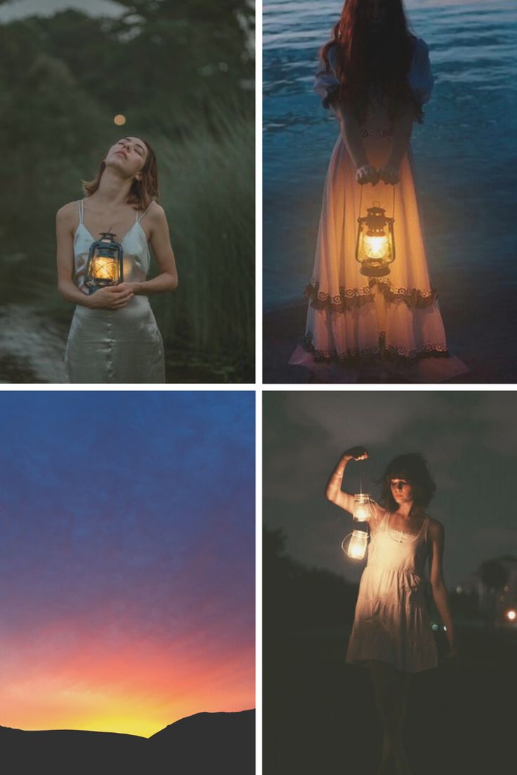 four different pictures with one woman holding a lantern