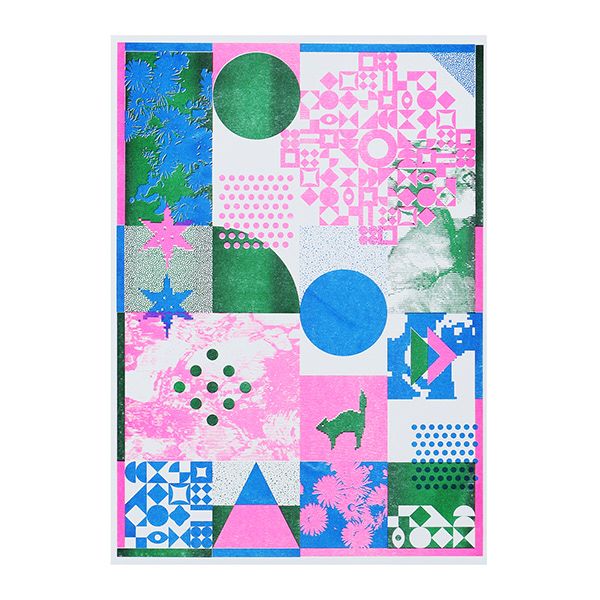 a pink, blue and green poster with geometric shapes on the bottom half of it