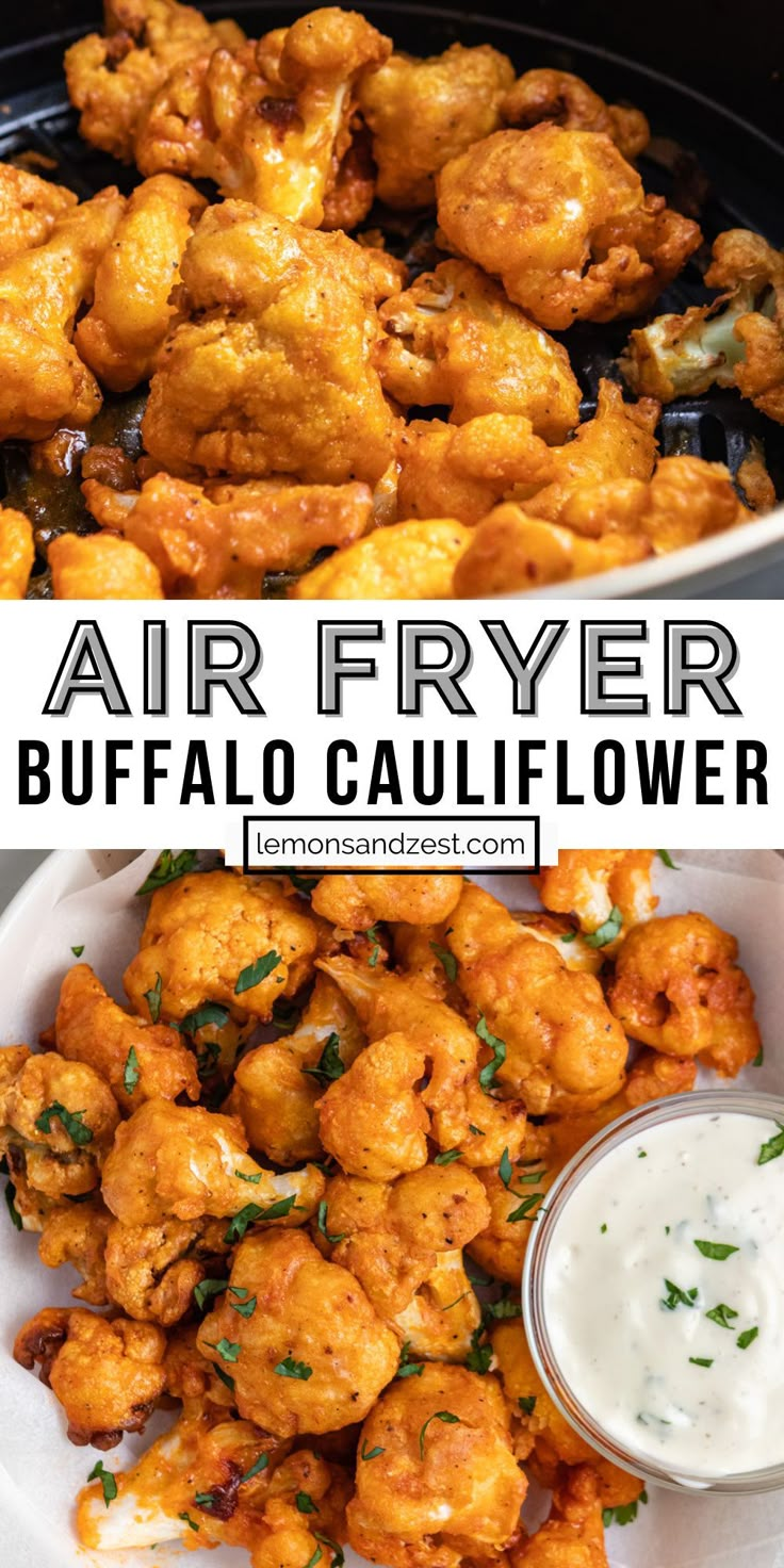 air fryer buffalo cauliflower with ranch dressing in the background and text overlay