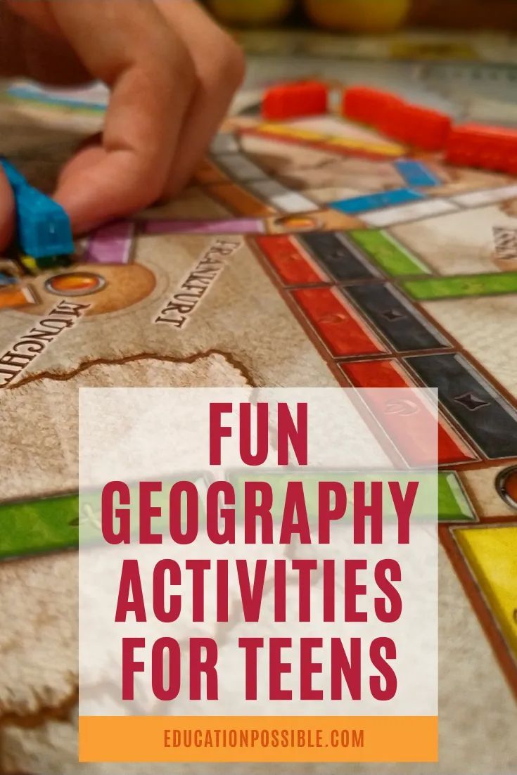 a close up of a board game with text overlay reading fun geograph activities for teens