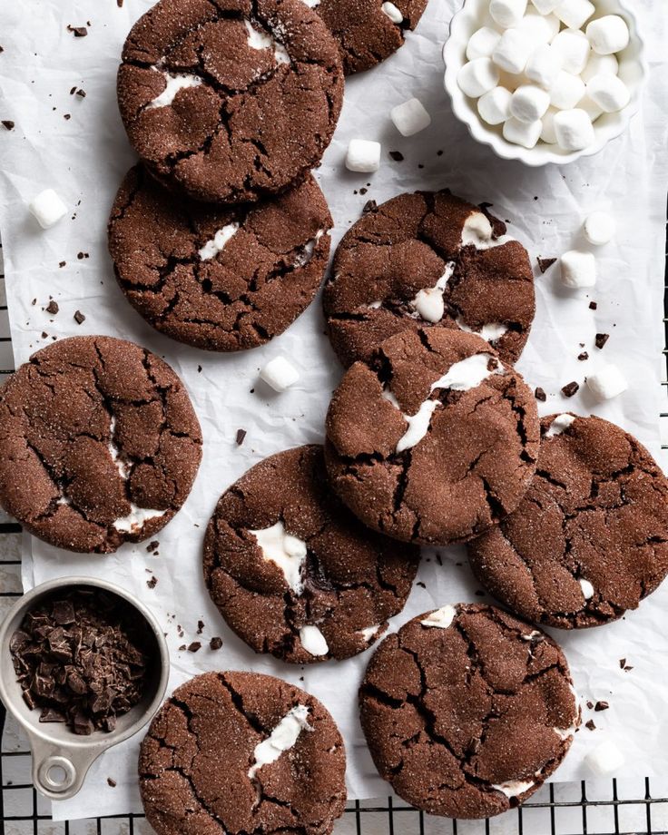 several chocolate cookies with marshmallows on a cooling rack next to a cup of cocoa