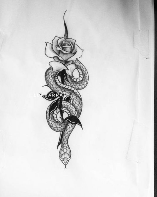 a drawing of a snake with a rose on it