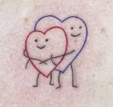 two hearts hugging each other on a white surface with red and blue lines in the middle