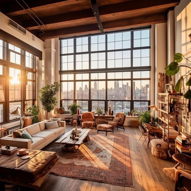 a living room filled with lots of furniture and large windows overlooking the cityscape