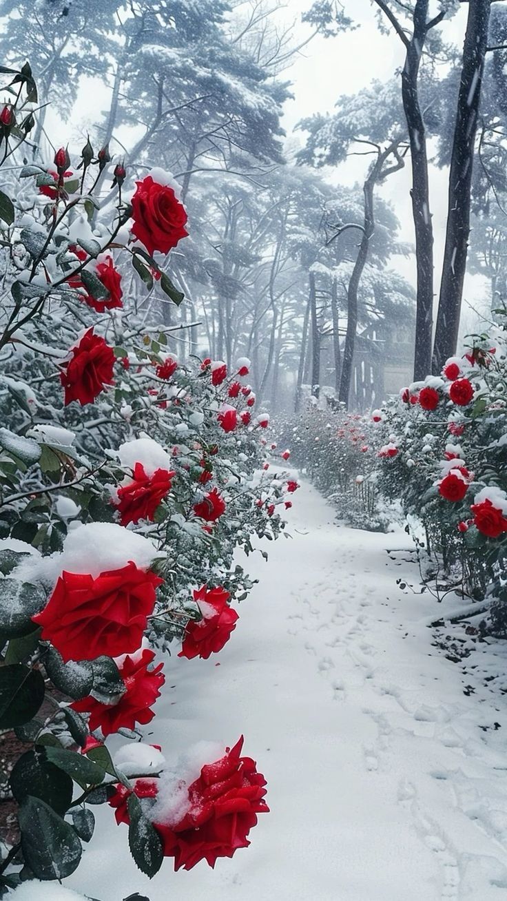 red roses are blooming along the snow covered path in front of some evergreen trees