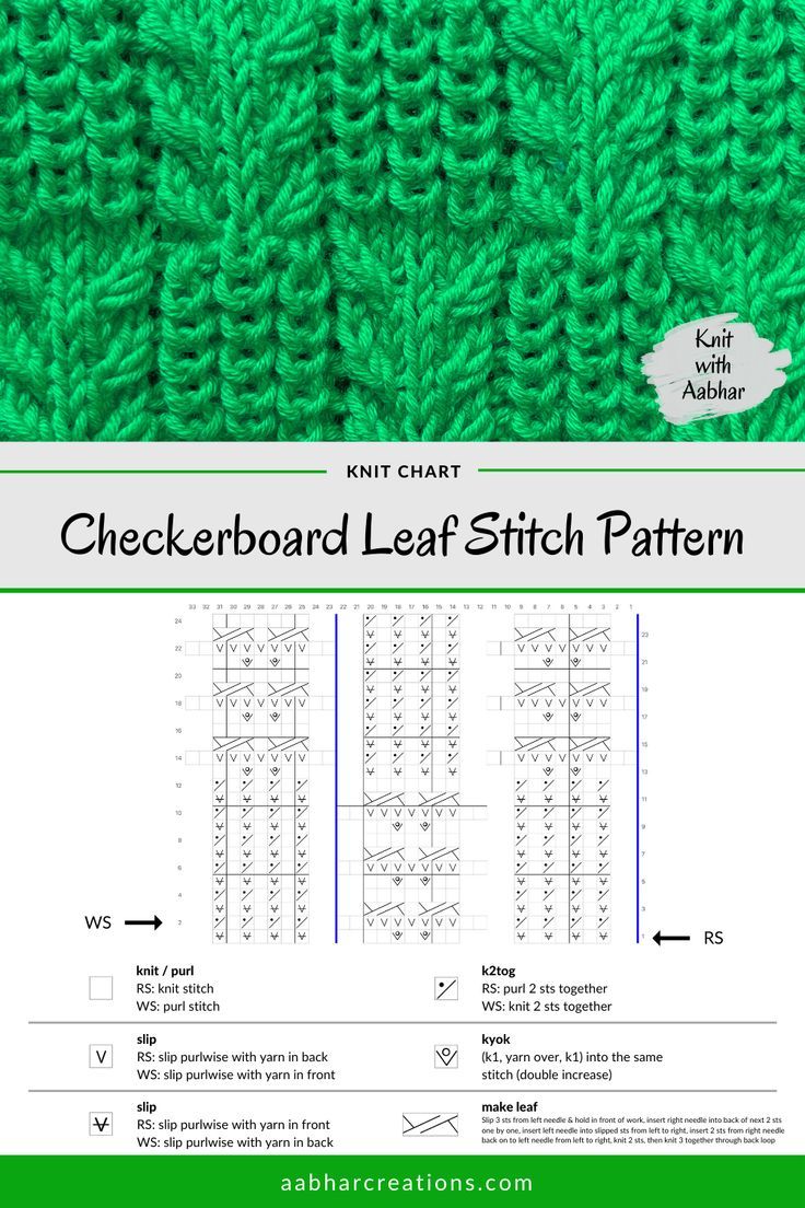 the checkerboard leaf stitch pattern is shown in green and has two rows of stitches