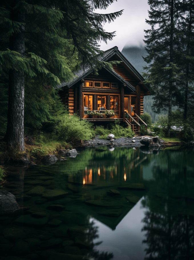 a cabin in the middle of a forest with water and trees around it at night