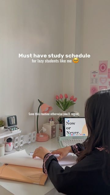 a woman sitting at a desk in front of a laptop computer with the words must have study schedule for lazy students like me